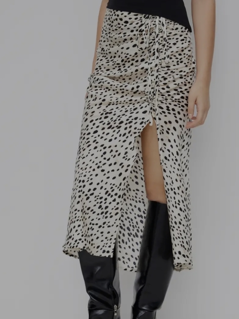 Cider Cream Midi Skirt with Black Spot Print and Front Drawstring
